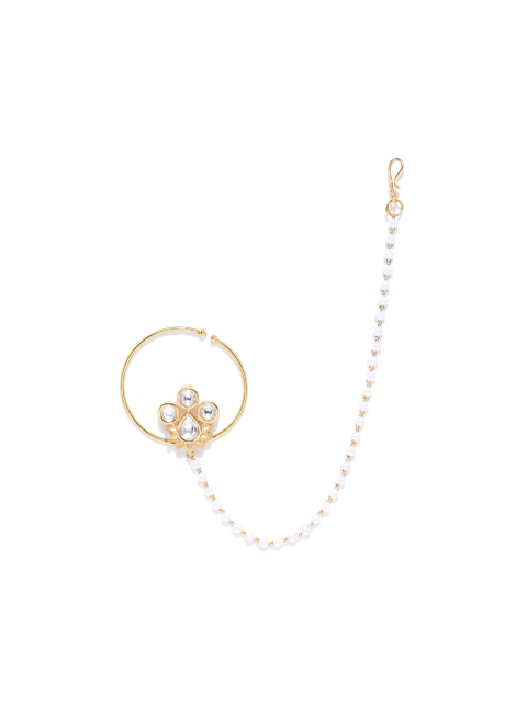 

Melani Borsa White Gold-Plated Kundan Studded & Beaded Chained Nose Ring