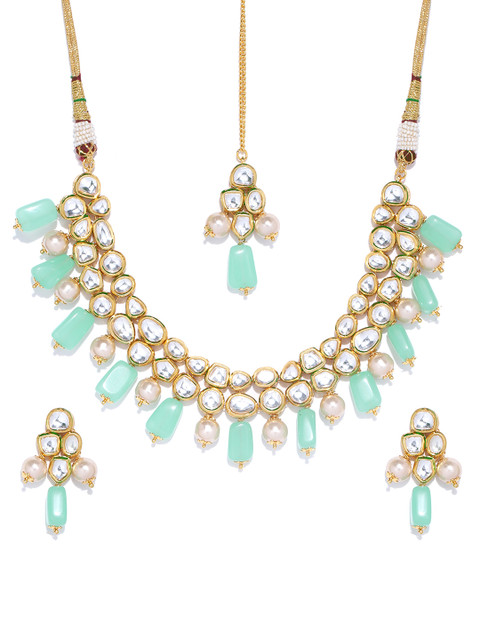

Melani Borsa Sea Green & Off-White Gold-Plated Kundan Studded Handcrafted Jewellery Set