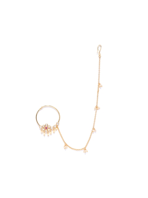 

Melani Borsa Pink & Off-White Gold-Plated Kundan Studded & Beaded Chained Nose Ring