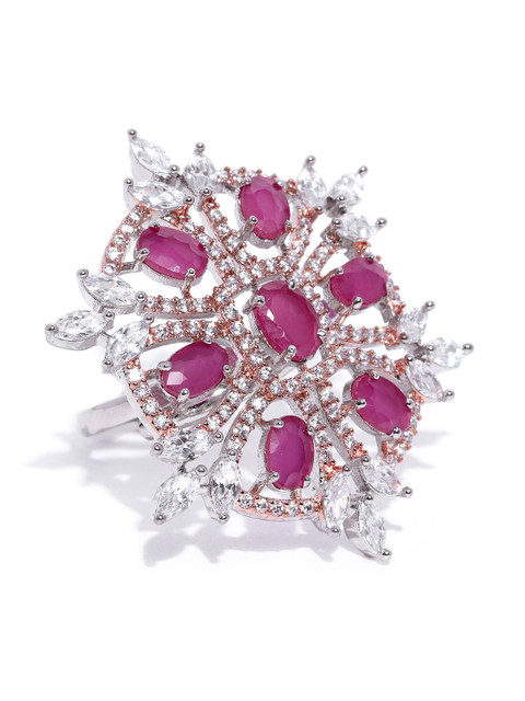 

Melani Borsa Magenta & Silver-Toned Rose Gold-Plated CZ Studded Adjustable Finger Ring