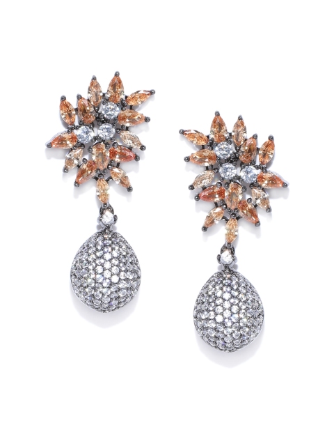 

Melani Borsa Peach-Coloured & Gunmetal-Toned CZ Stone-Studded Handcrafted Drop Earrings