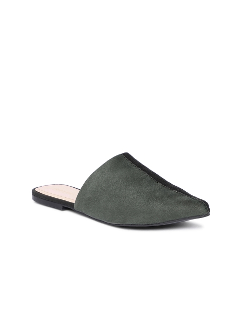 

TRENDS & TRADES Women Olive Green & Black Colourblocked Synthetic Suede Mules