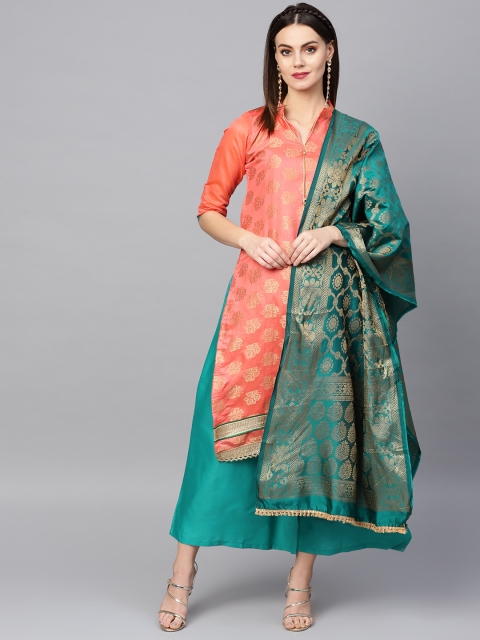 

Ishin Peach-Coloured & Green Unstitched Woven Design Dress Material