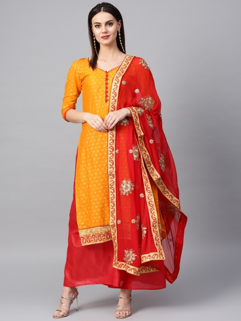 

Ishin Mustard Yellow & Red Unstitched Woven Design Dress Material