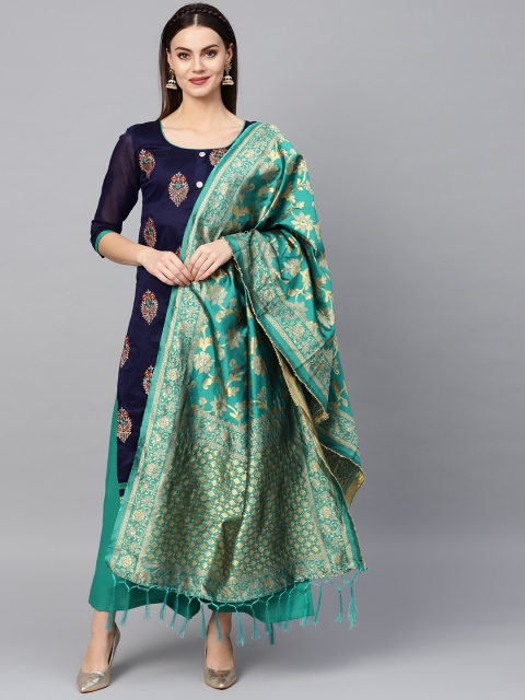 

Ishin Navy Blue & Green Unstitched Dress Material