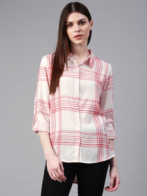 

Alena Women White & Red Regular Fit Checked High-Low Casual Shirt