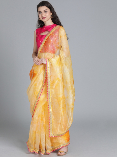 

EthnoVogue Yellow & Pink Poly Georgette Printed Made To Measure Saree With Blouse