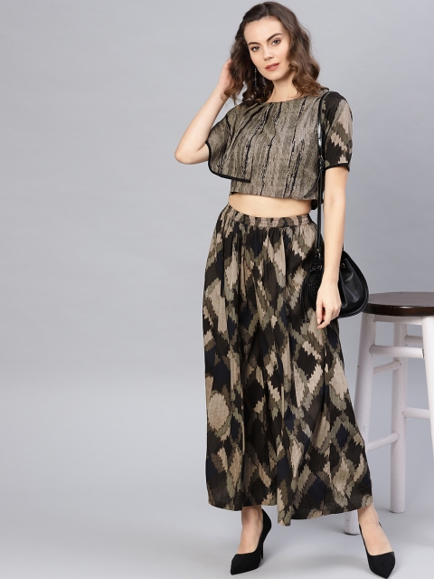

Pannkh Women Taupe & Black Block Print Top with Palazzos