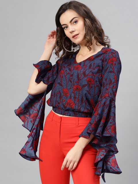 

Pannkh Women Navy Blue & Red Printed Cropped Blouson Top