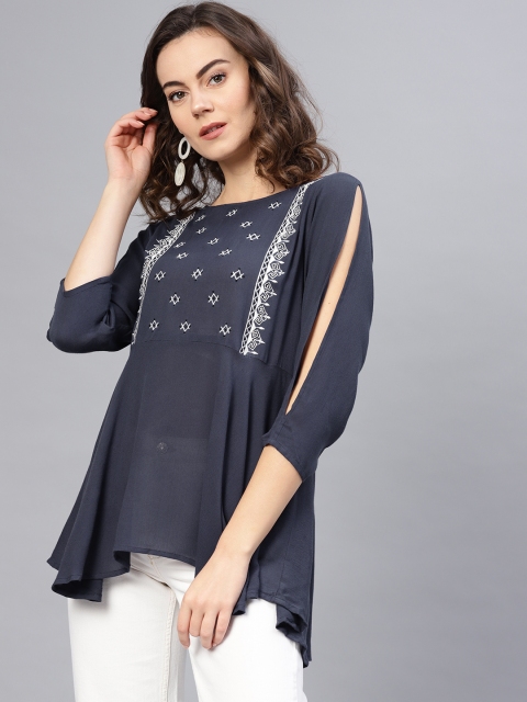 

Pannkh Women Navy Blue & Off-White Embroidered A-Line Top