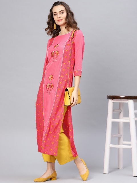 

Pannkh Women Pink & Mustard Yellow Printed Straight Kurta