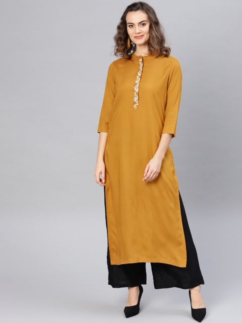 

Pannkh Women Mustard Yellow Solid Straight Kurta