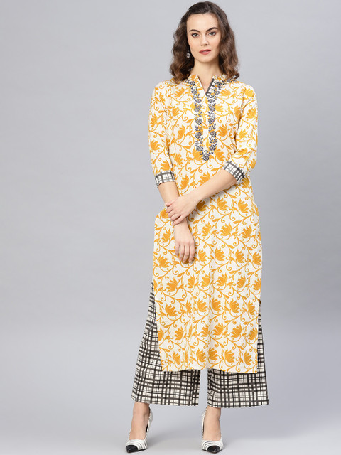 

Pannkh Women Off-White & Mustard Yellow Printed Kurta with Palazzos