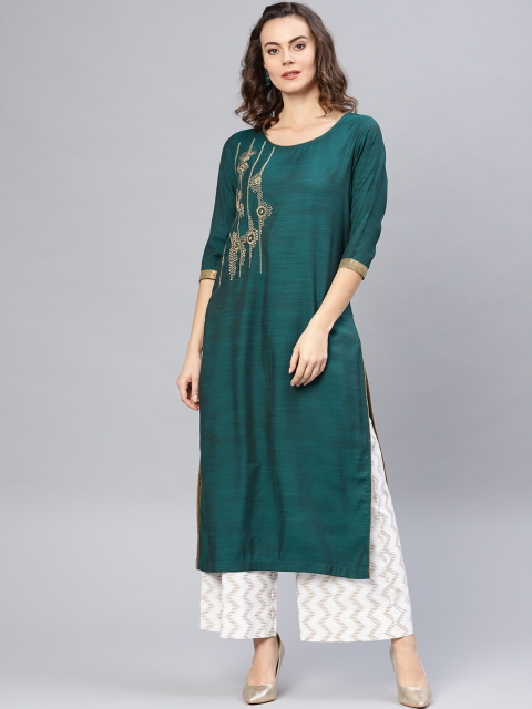 

Pannkh Women Teal Green Yoke Design Straight Kurta