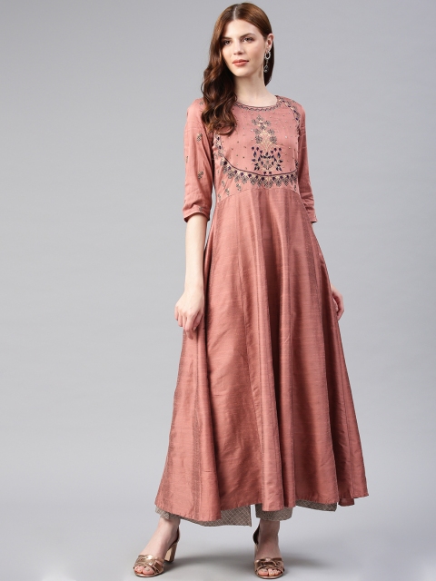 

Alena Women Rust Brown Floral Embroidered A-Line Kurta