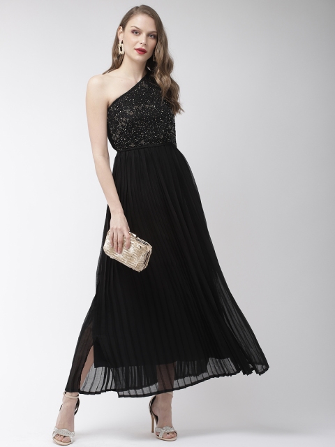 

Antheaa Black Embellished One-Shoulder Pleated Dress