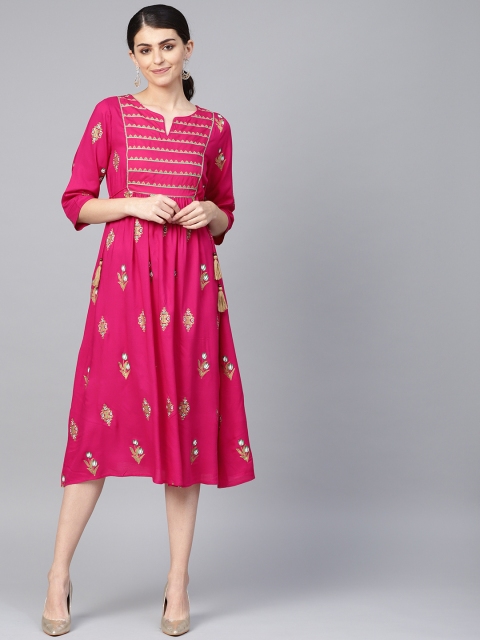 

Juniper Women Pink & Green Printed A-Line Dress