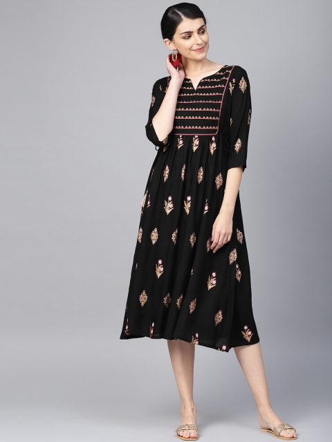 

Juniper Women Black & Golden Printed A-Line Dress