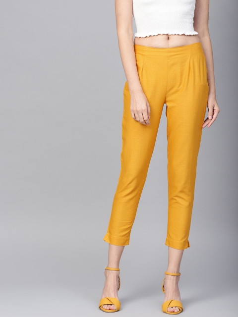 

Juniper Women Mustard Yellow Slim Fit Solid Cropped Cigarette Trousers