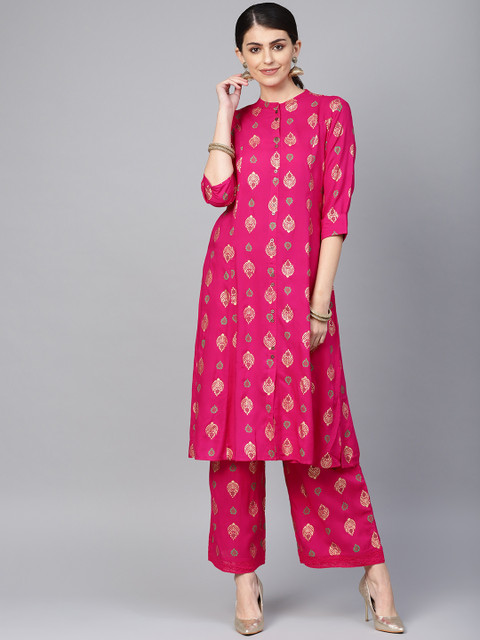 

Juniper Women Pink & Golden Printed Kurta with Palazzos