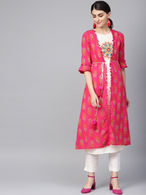 

Juniper Women Pink & Off-White Floral Printed Layered A-Line Kurta