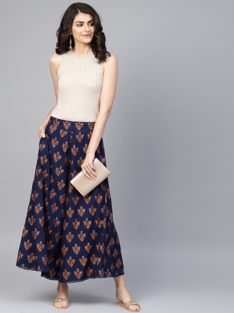 

Juniper Women Navy Blue & Golden Foil Print Cropped Wide Leg Palazzos