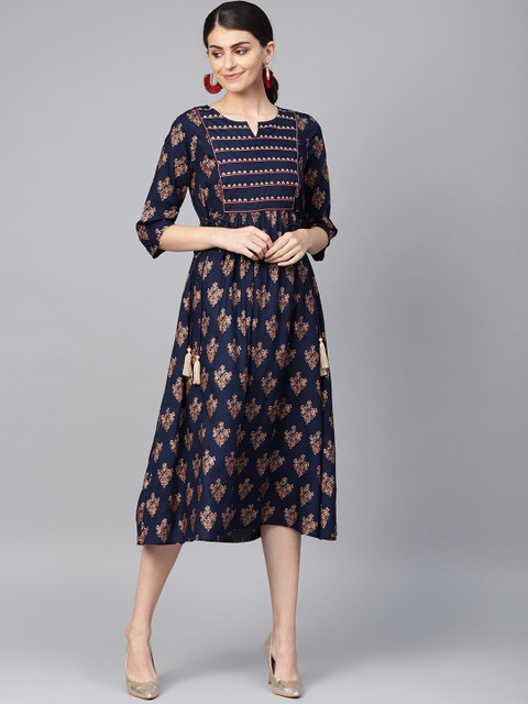 

Juniper Women Navy Blue & Golden Printed A-Line Dress