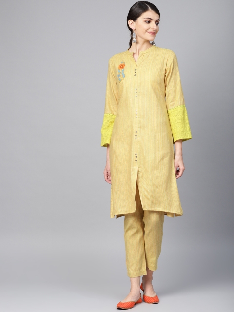 

Juniper Women Yellow Self-Striped Kurta with Trousers