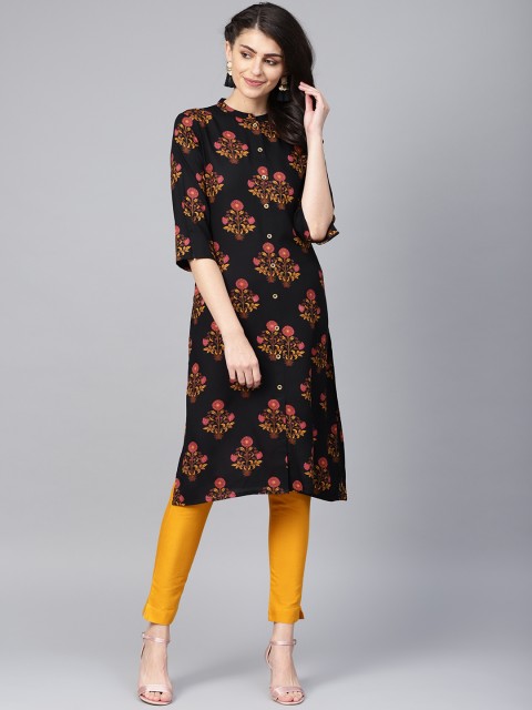 

Juniper Women Black & Pink Printed Straight Kurta