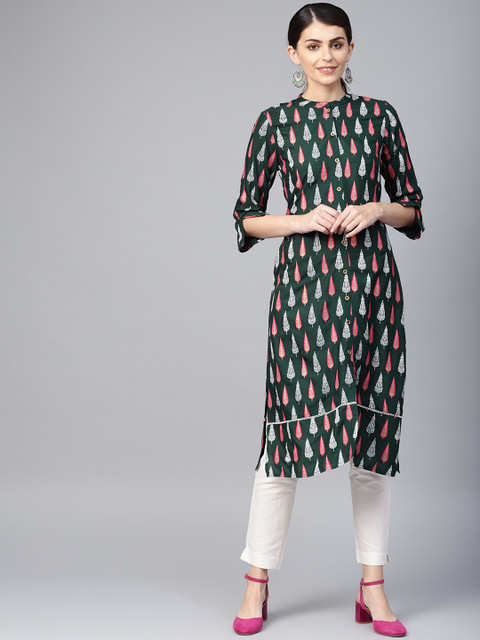 

Juniper Women Green & Pink Printed Straight Kurta