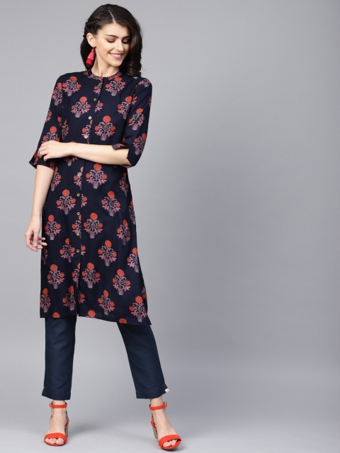 

Juniper Women Navy Blue & Orange Printed Straight Kurta