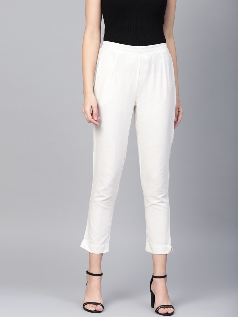 

Juniper Women White Slim Fit Solid Cropped Cigarette Trousers