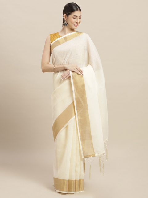 

Nanda Silk Mills Cream-Coloured Solid Cotton Blend Saree