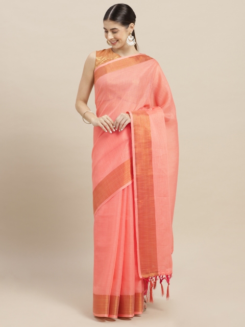 

Nanda Silk Mills Coral Pink Solid Cotton Blend Saree