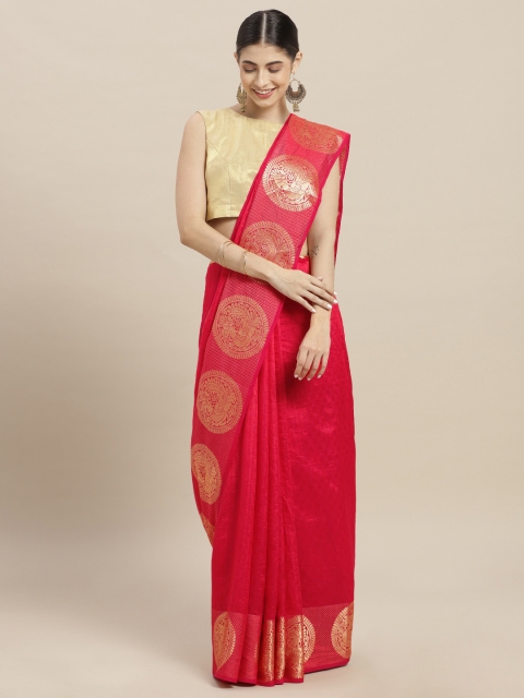 

Nanda Silk Mills Coral Pink & Gold-Toned Poly Crepe Woven Design Saree