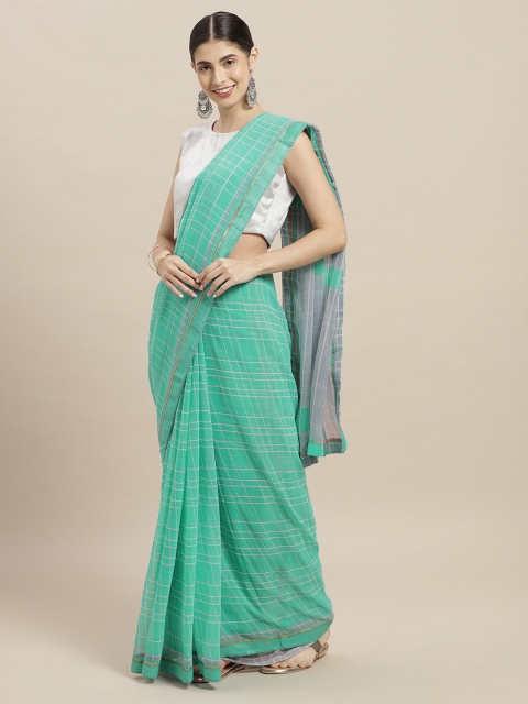 

Nanda Silk Mills Turquoise Blue & Grey Poly Chiffon Checked Saree