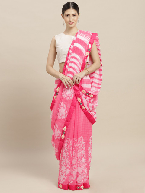 

Nanda Silk Mills Pink & White Poly Chiffon Printed Saree