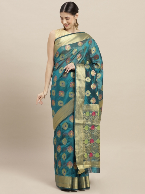 

Nanda Silk Mills Teal Blue & Gold-Toned Art Silk Woven Design Saree