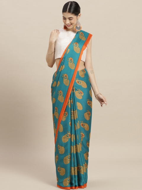 

Nanda Silk Mills Teal Blue & Beige Poly Crepe Printed Saree