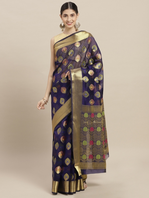 

Nanda Silk Mills Navy Blue & Gold-Toned Art Silk Woven Design Saree