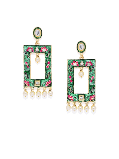 

Spargz Green Gold-Plated Meenakari Geometric Drop Earrings