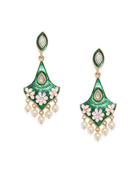 

Spargz Green & White Gold-Plated Meenakari Geometric Drop Earrings