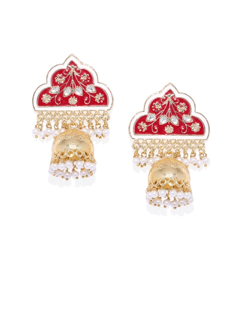 

Spargz Red Gold-Plated Meenakari Dome Shaped Jhumkas