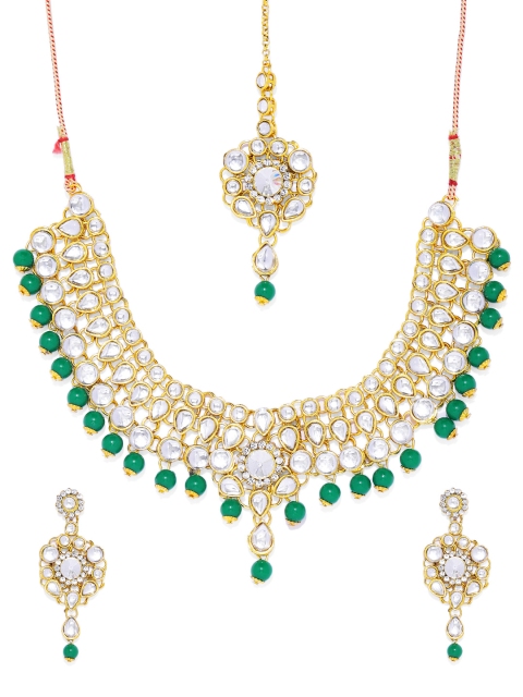 

Spargz Women Gold Plated Kundan Green Necklace Maangtikka Set