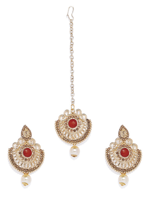 

Spargz Women Gold Plated AD Stone & Pearl Maangtikka Earring Set