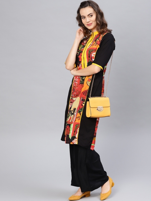 

Pannkh Women Black & Rust Red Quirky Printed Straight Kurta