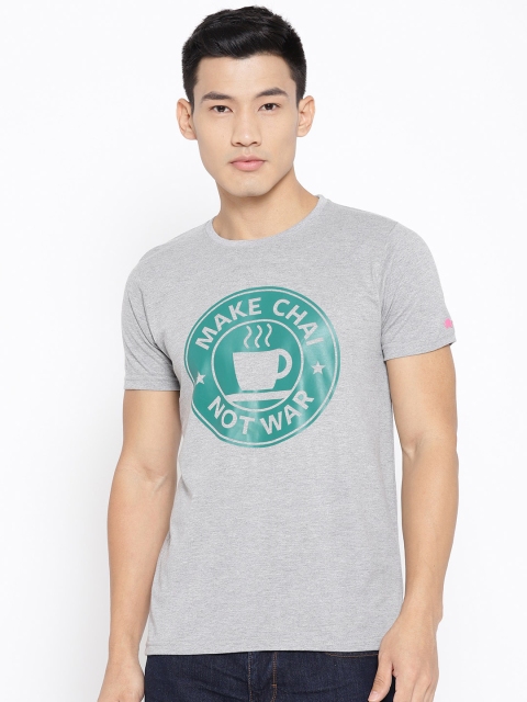 

PRINTOCTOPUS Men Grey Melange & Green Printed T-shirt