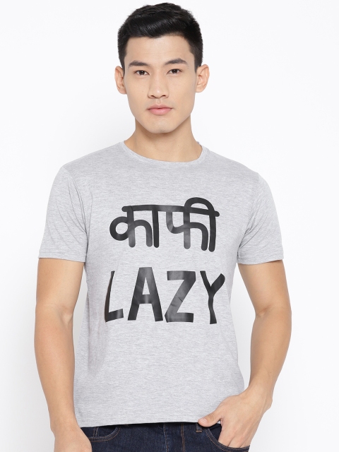 

PRINTOCTOPUS Men Grey Melange & Black Printed Round Neck T-shirt