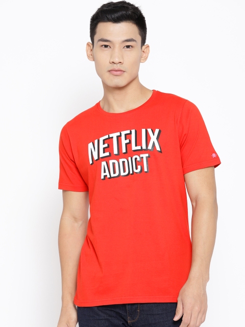 

PRINTOCTOPUS Men Coral Red & White Printed Round Neck T-shirt