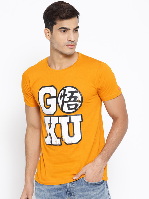 

PRINTOCTOPUS Men Mustard Yellow Printed Round Neck T-shirt